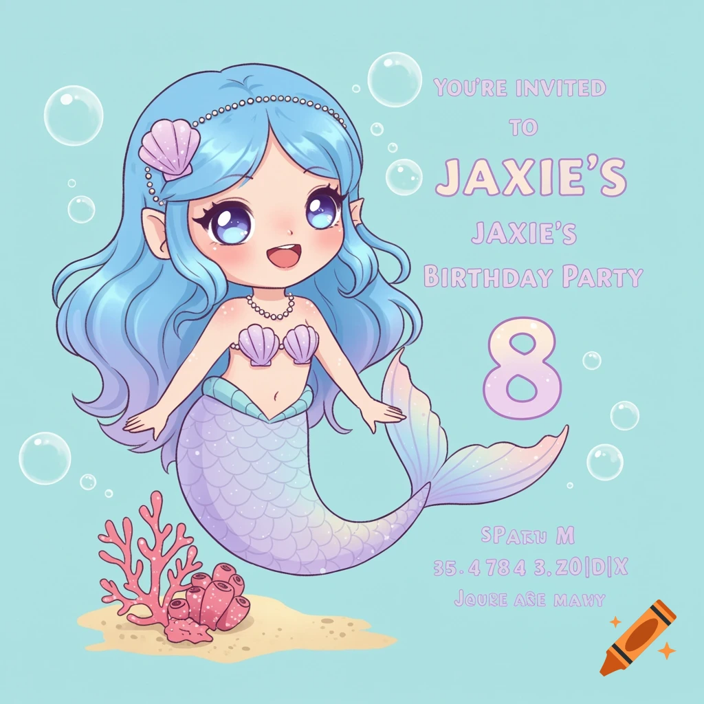 Cute cartoon mermaid invitation with blue hair and pink seashells, text You're Invited to Jaxie's Birthday Party 8.