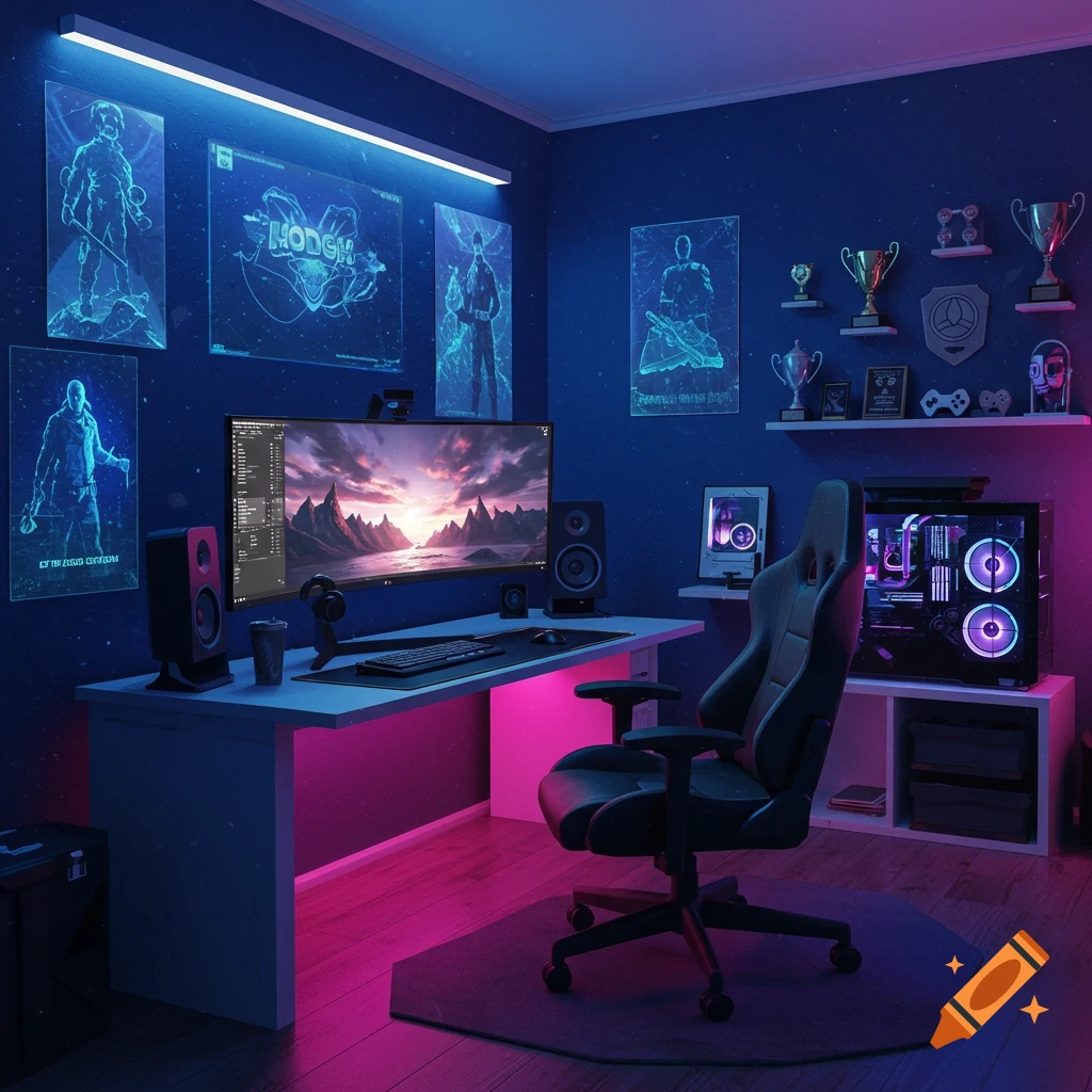 A gaming room with neon lights, a PC setup, a chair, trophies, and posters.