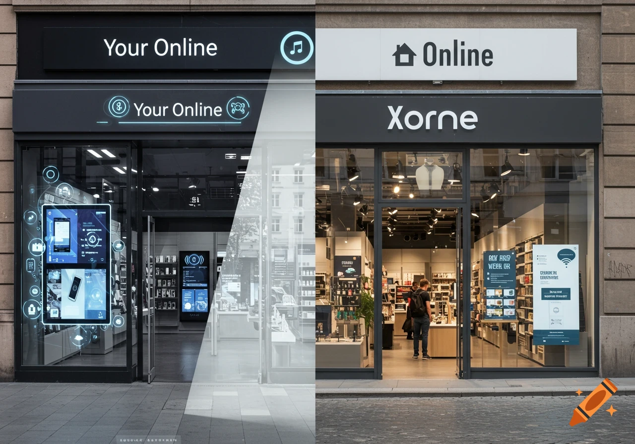 A split image of two storefronts; the left is futuristic with glowing tech displays and 'Your Online' text, the right is realistic with a standard sign and people inside.