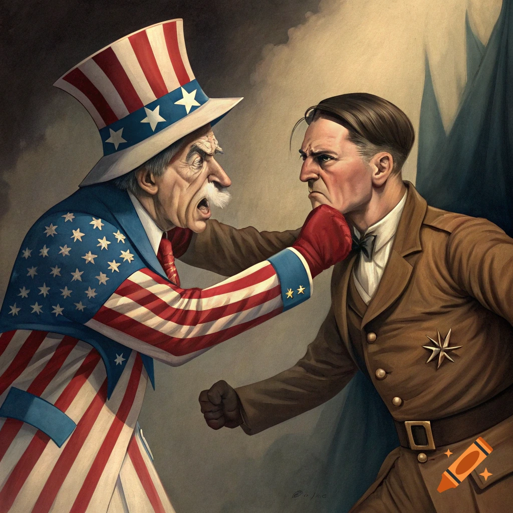 Stylized illustration of Uncle Sam punching Adolf Hitler