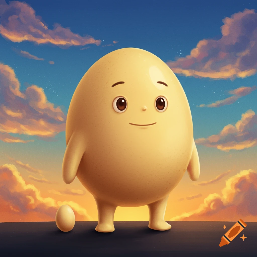 A cute egg character with arms and legs stands next to a smaller egg at sunset.