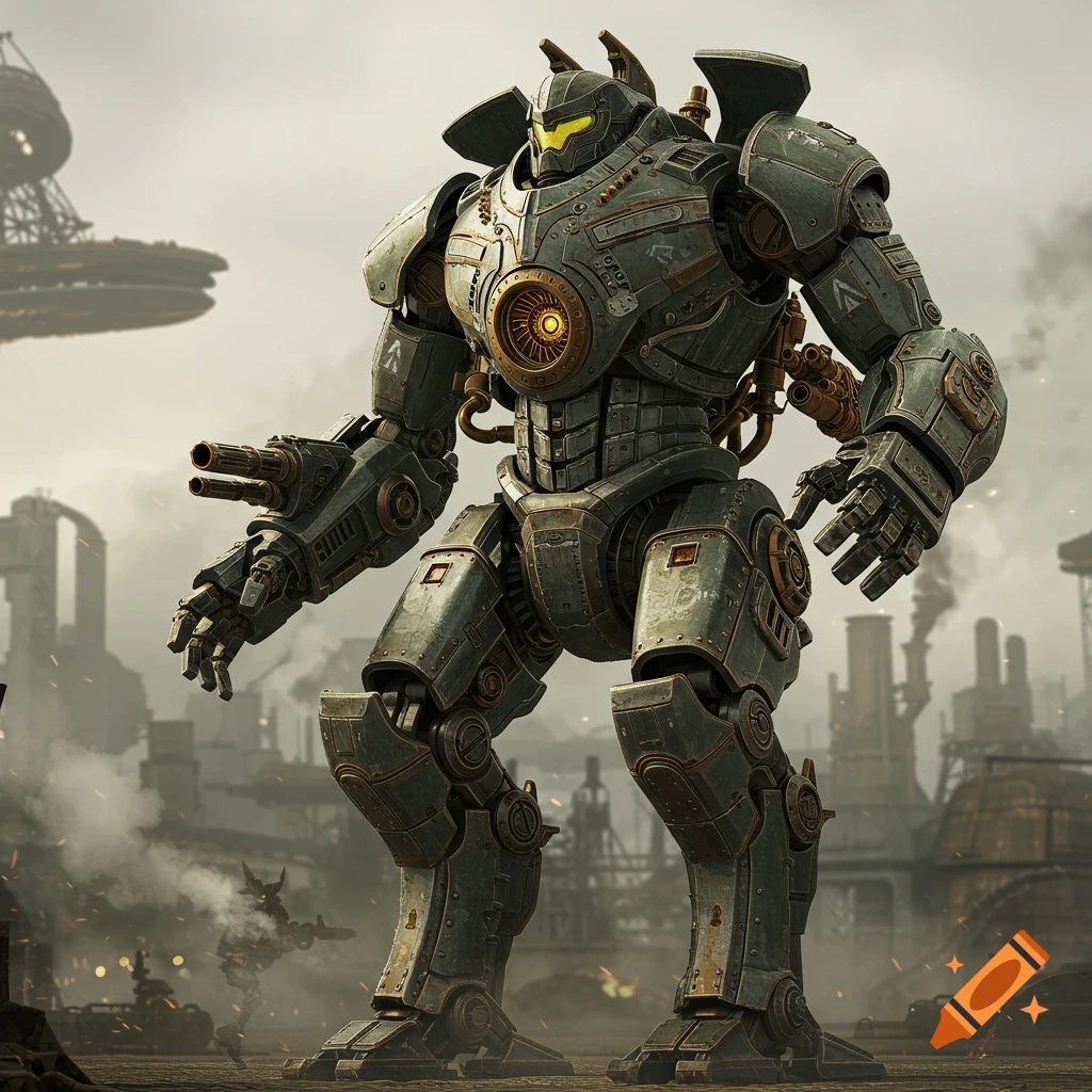 A large steampunk style mech stands in a ruined, industrial city.