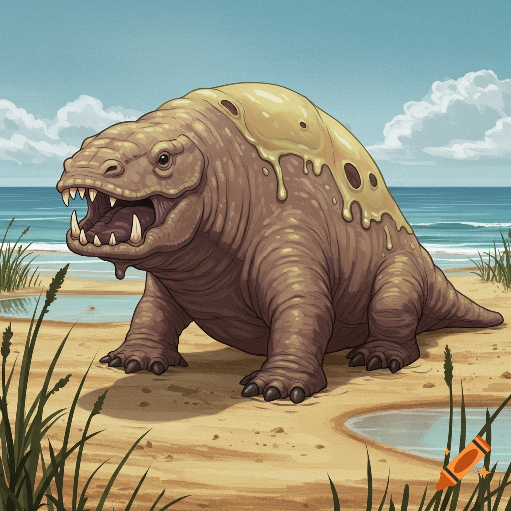 A large creature with slime on its back is on a sandy beach.