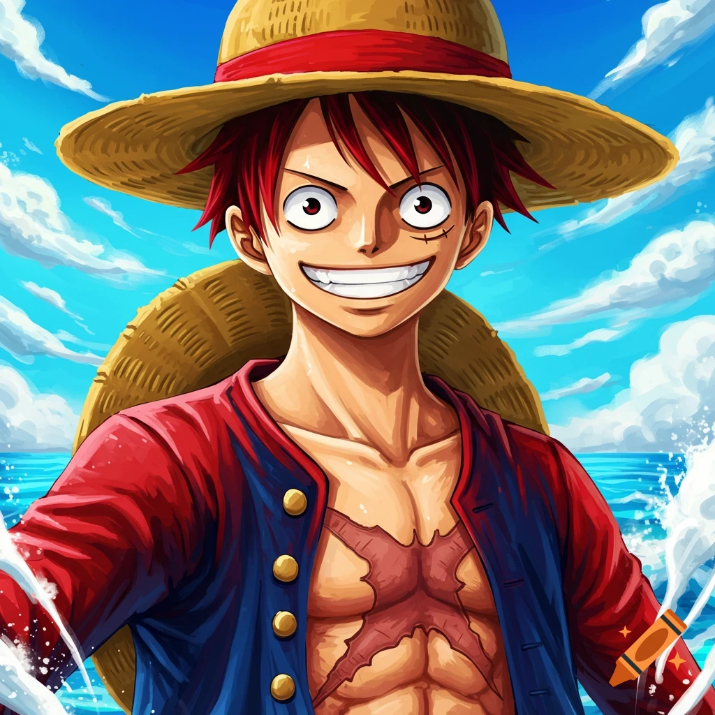 The anime character Luffy is smiling, wearing his straw hat and jacket against an ocean background.