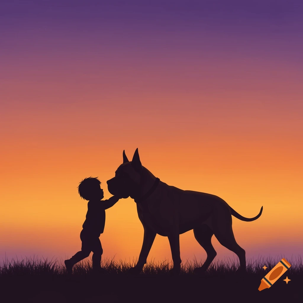Silhouette of a child and large dog against a sunset background.