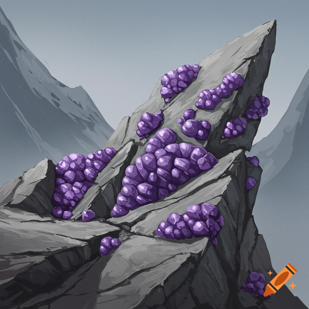 Purple mineral formations on jagged gray rocks in a mountain landscape.