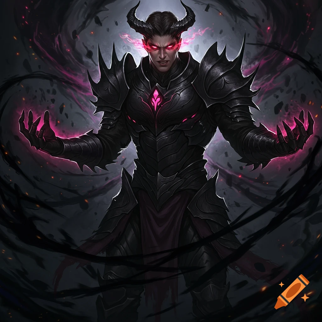 An imposing character in black spiky armor with glowing hands and red eyes, surrounded by dark smoke.
