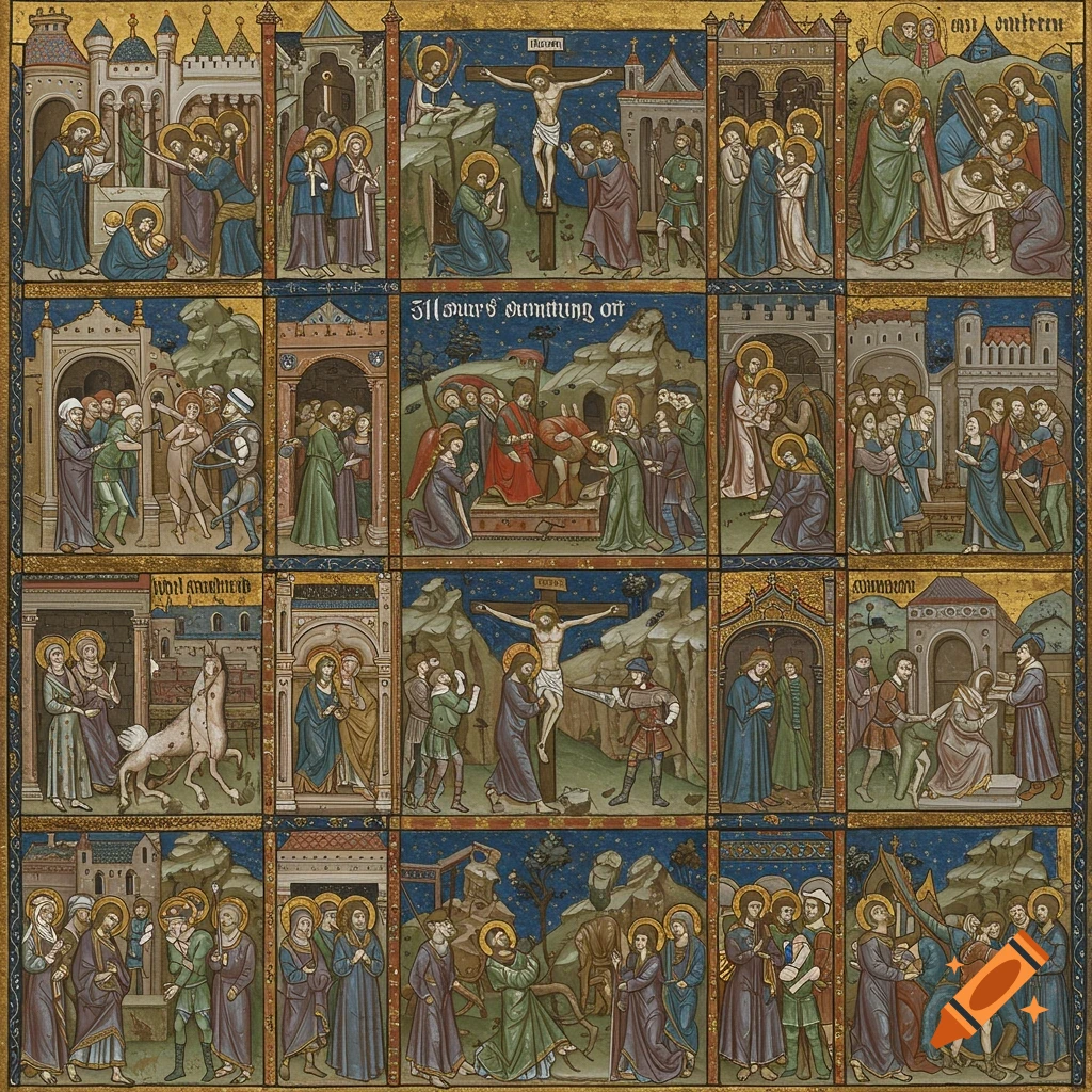 Multiple panels in the style of medieval illumination, depicting scenes from the sufferings of Christ.