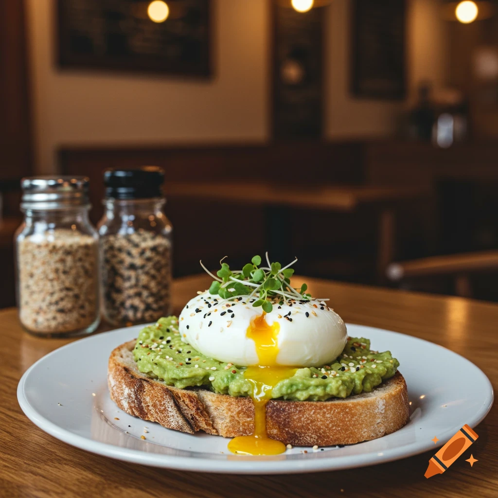 Avocado toast with a poached egg and microgreens on a plate in a cafe setting.