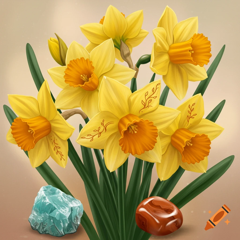 Yellow daffodils, green leaves, and two crystals.