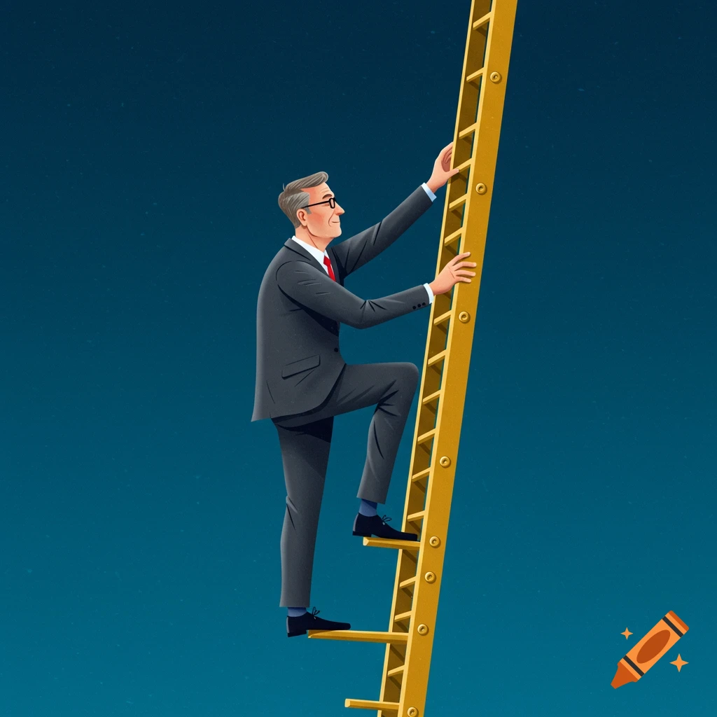A businessman is climbing a yellow ladder against a starry blue background.