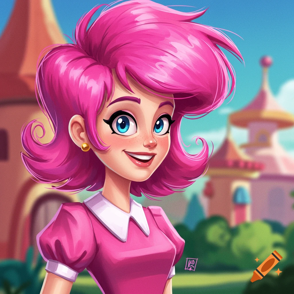 A cartoon girl with pink hair and a pink dress smiles in front of buildings.