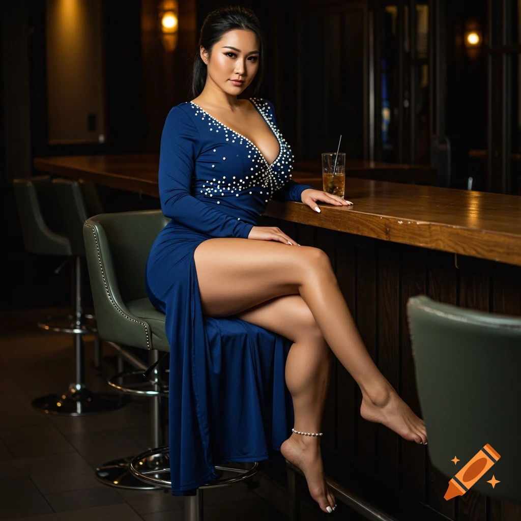 A woman in a blue dress with a high leg slit sits at a bar, looking at the camera.