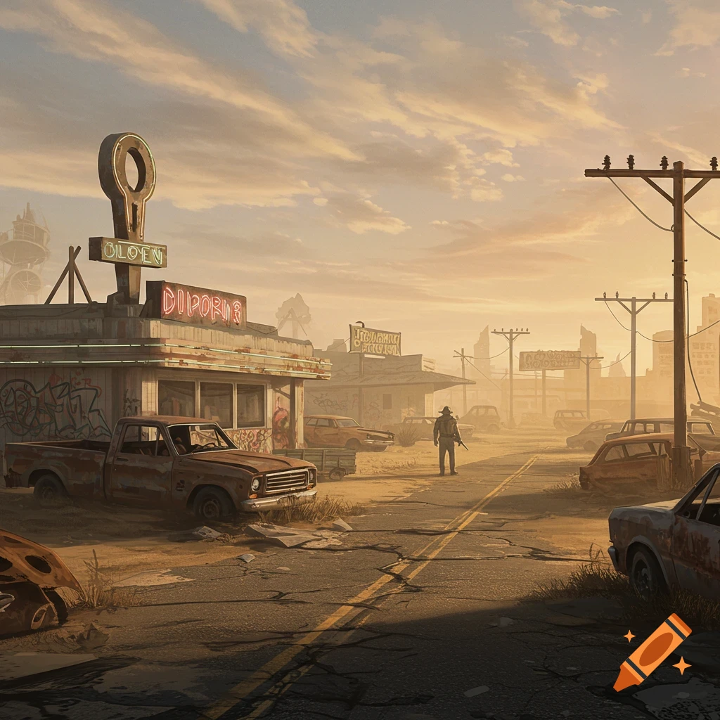 A post-apocalyptic street scene with abandoned cars, crumbling buildings, and a lone figure walking into the distance under a cloudy sky.