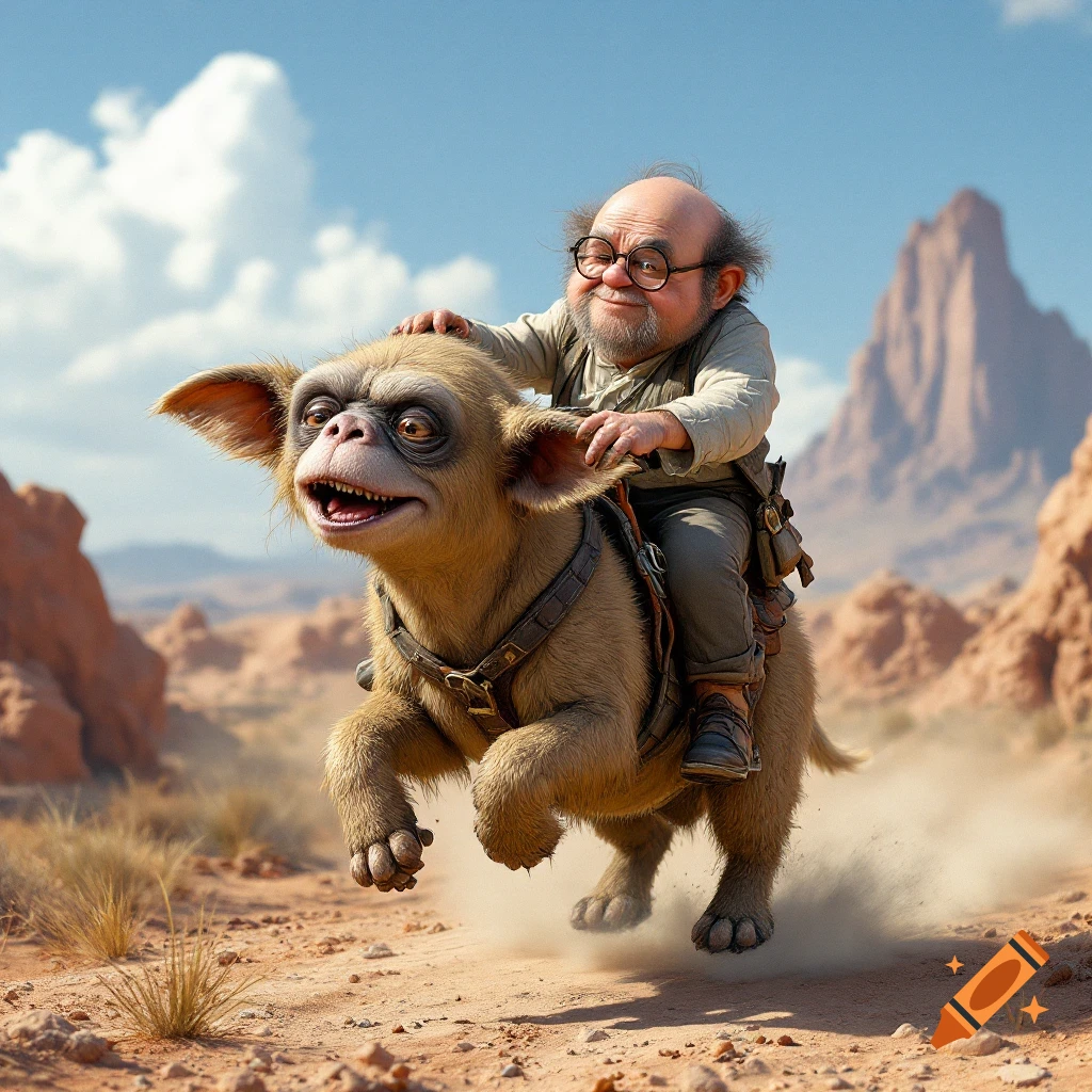 A small, bearded man with glasses rides a large, monkey-like creature through a desert landscape.