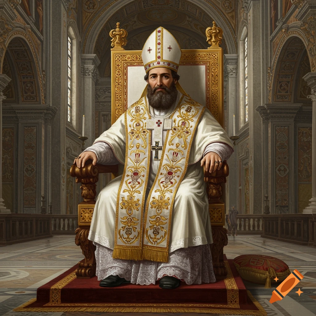 Image of a bearded man dressed as a pope sitting on a throne in a cathedral.