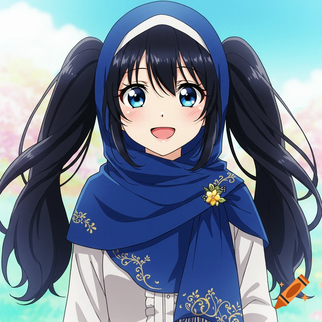 An anime girl with black pigtails and a blue hijab smiles happily.