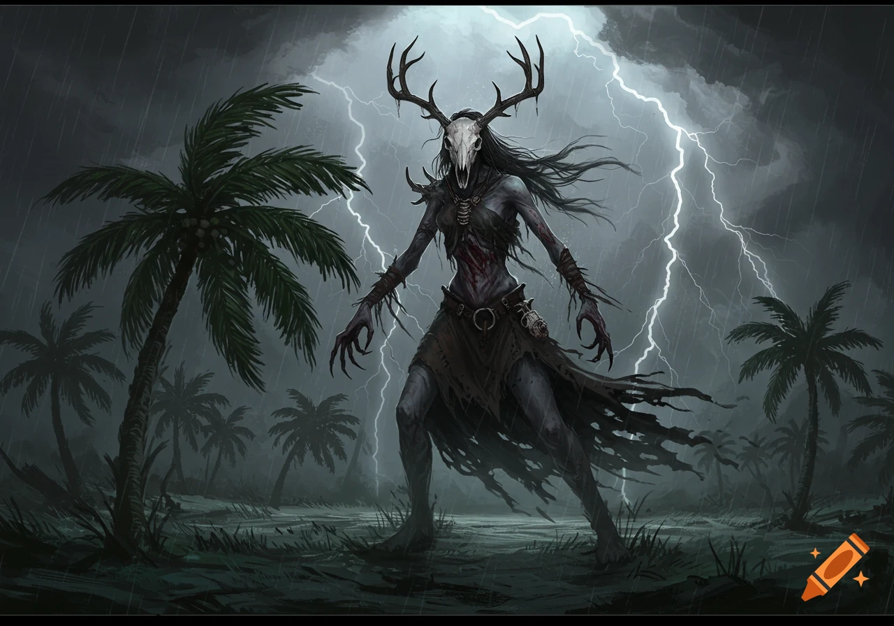 A female wendigo creature in a storm with palm trees.