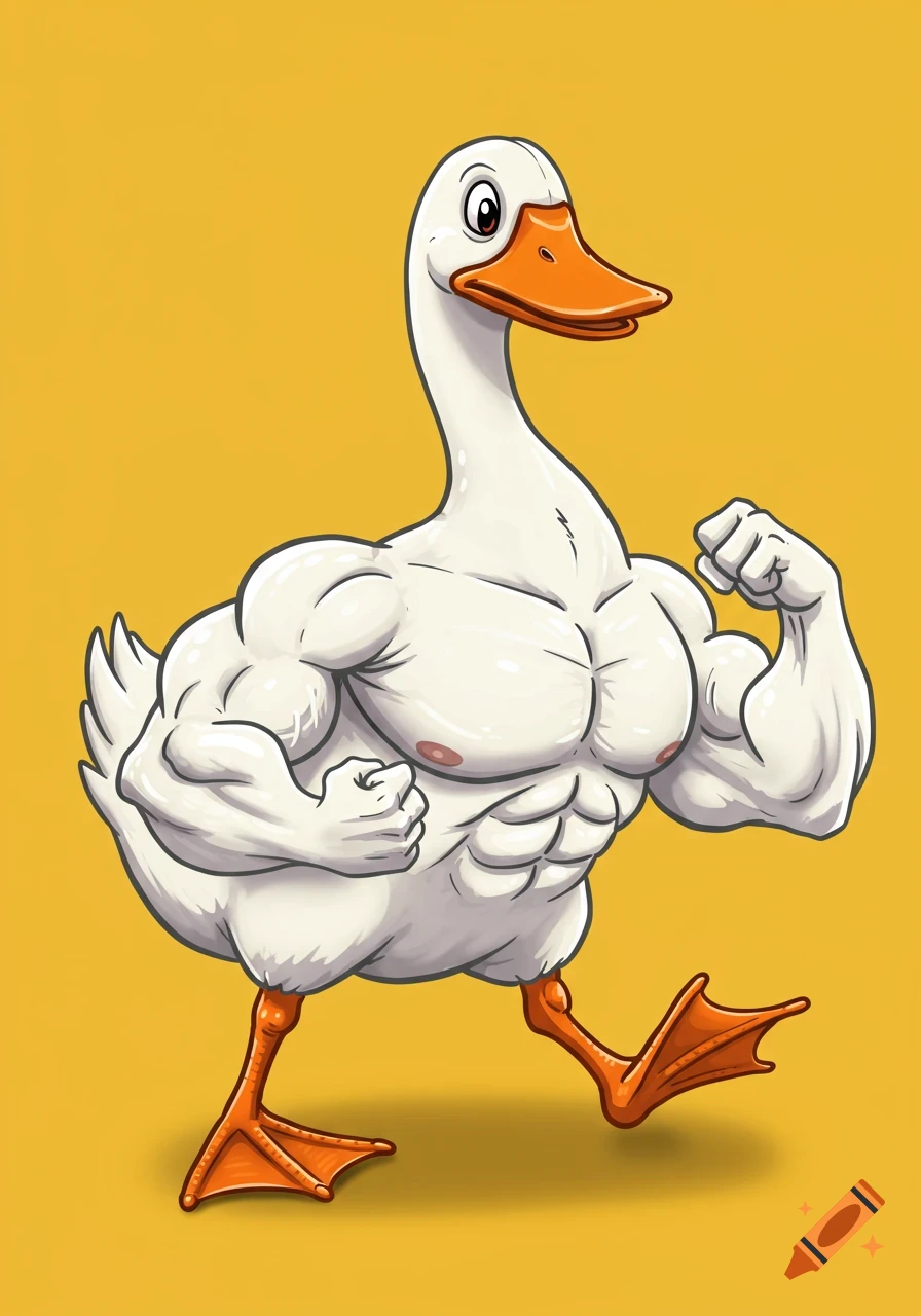 A cartoon goose with large, human-like bodybuilder muscles stands flexing its arm.