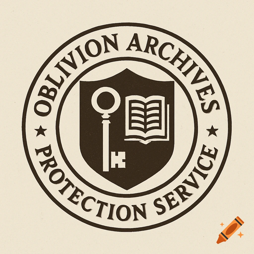 A circular logo for Oblivion Archives Protection Service with a shield, key, and open book.
