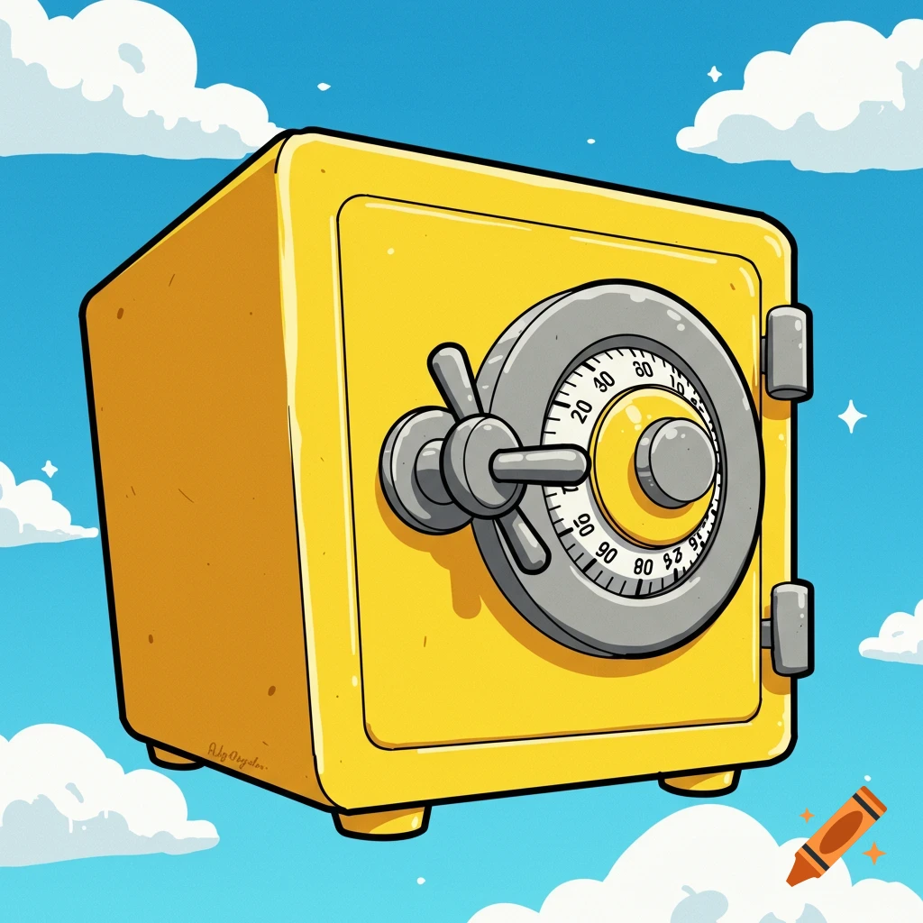Cartoon yellow safe floating in a blue sky with clouds.