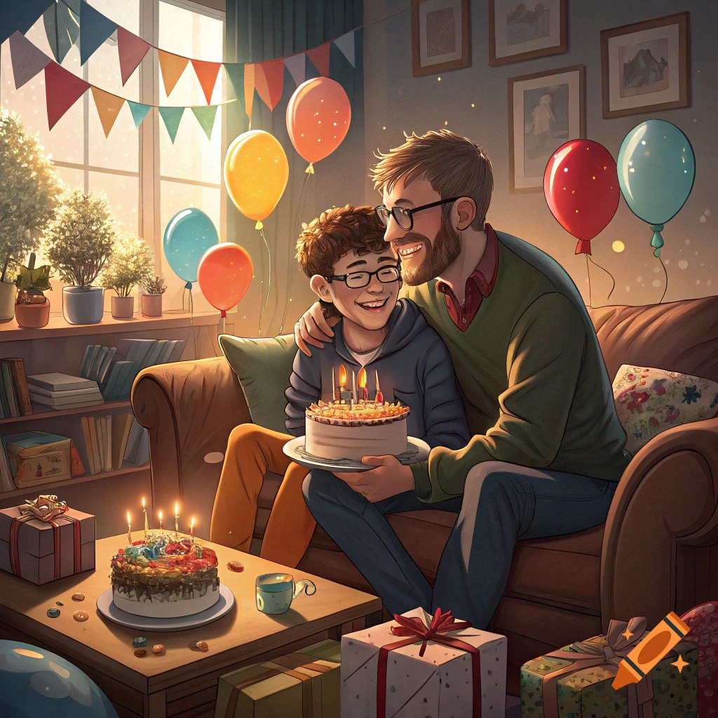 Illustration of a father and son celebrating a birthday with cake, balloons, and presents.