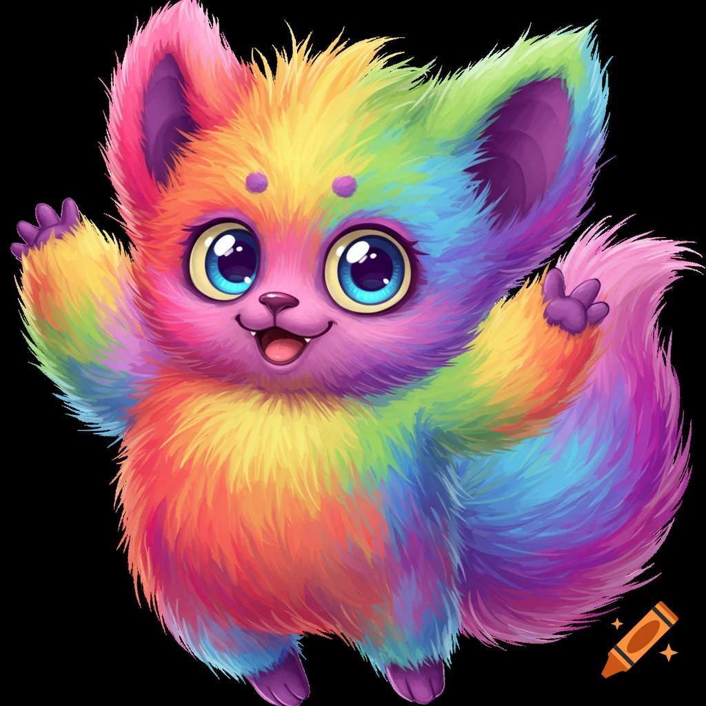 A fluffy, rainbow-colored creature with big eyes smiles and waves.