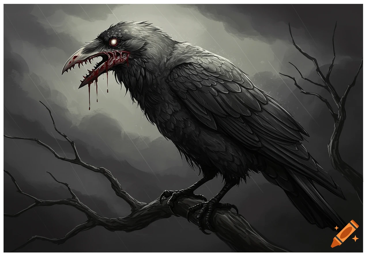 A black crow with a bloody, disfigured beak is perched on a branch in dark, rainy weather.