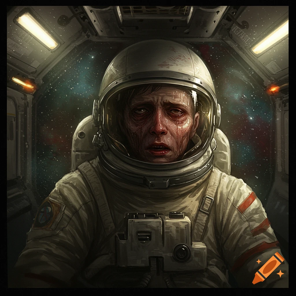 Sick astronaut in a spaceship cockpit