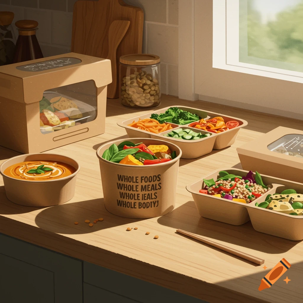 Prepared meals in containers on a kitchen counter.