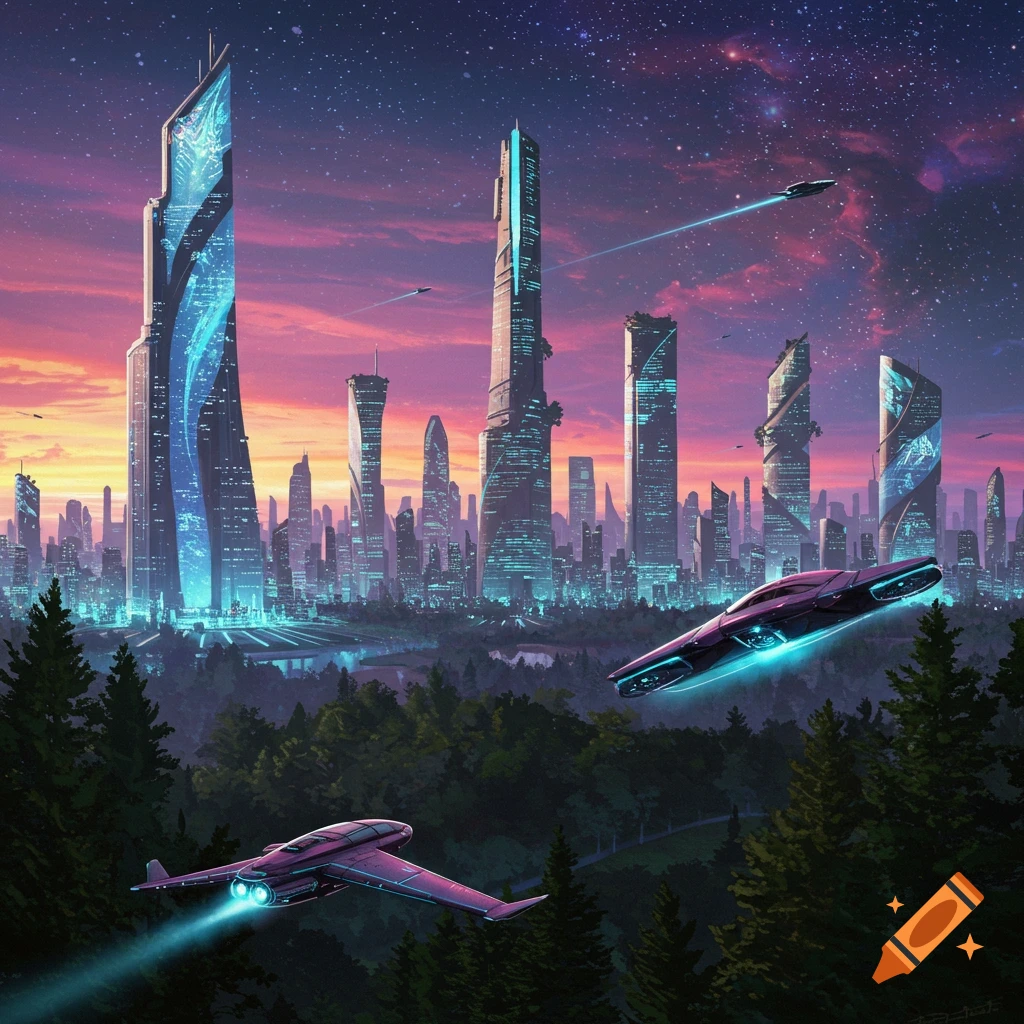 A futuristic city skyline with glowing skyscrapers and flying vehicles under a starry sky.