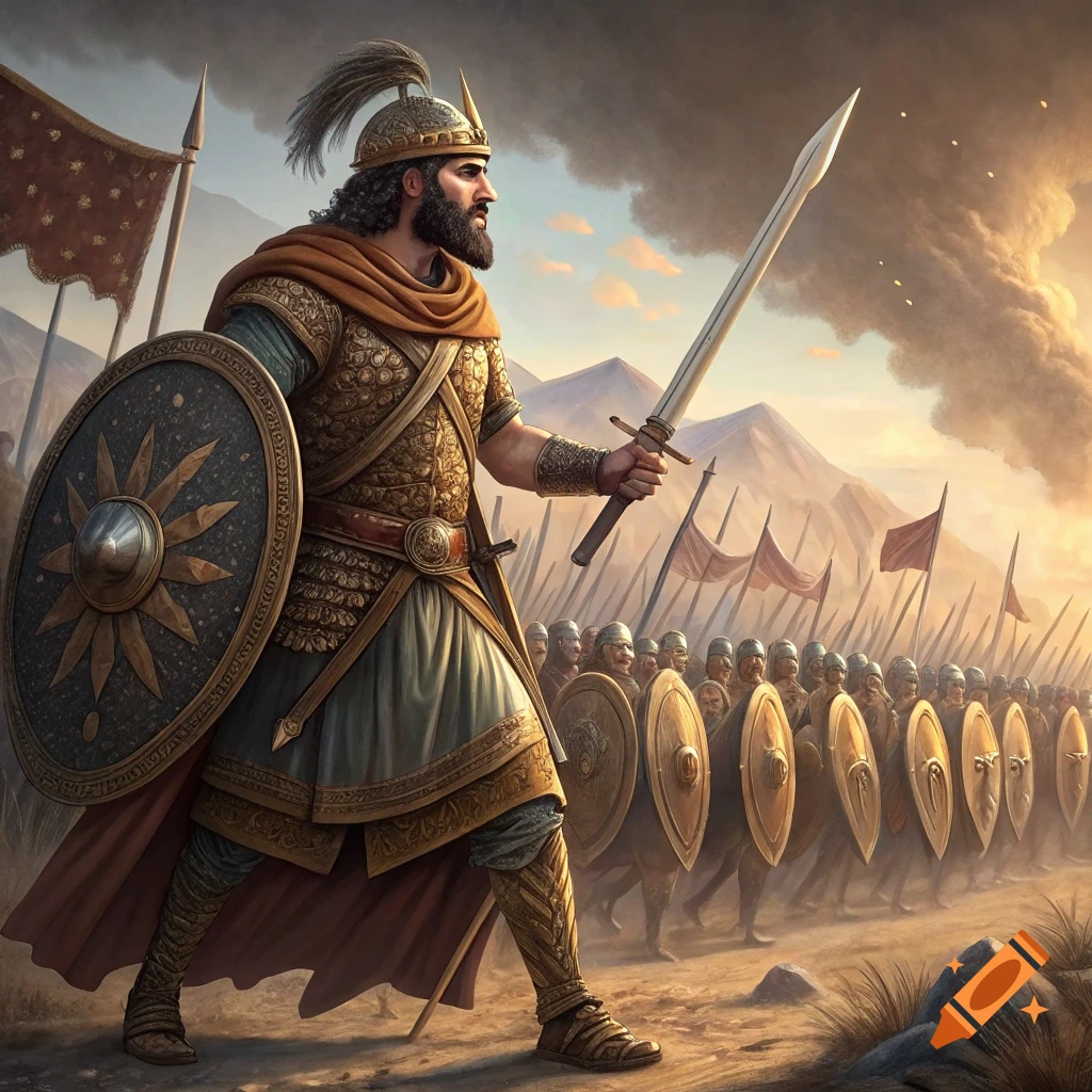 A historical warrior leading an army across a battlefield in a fantasy style.