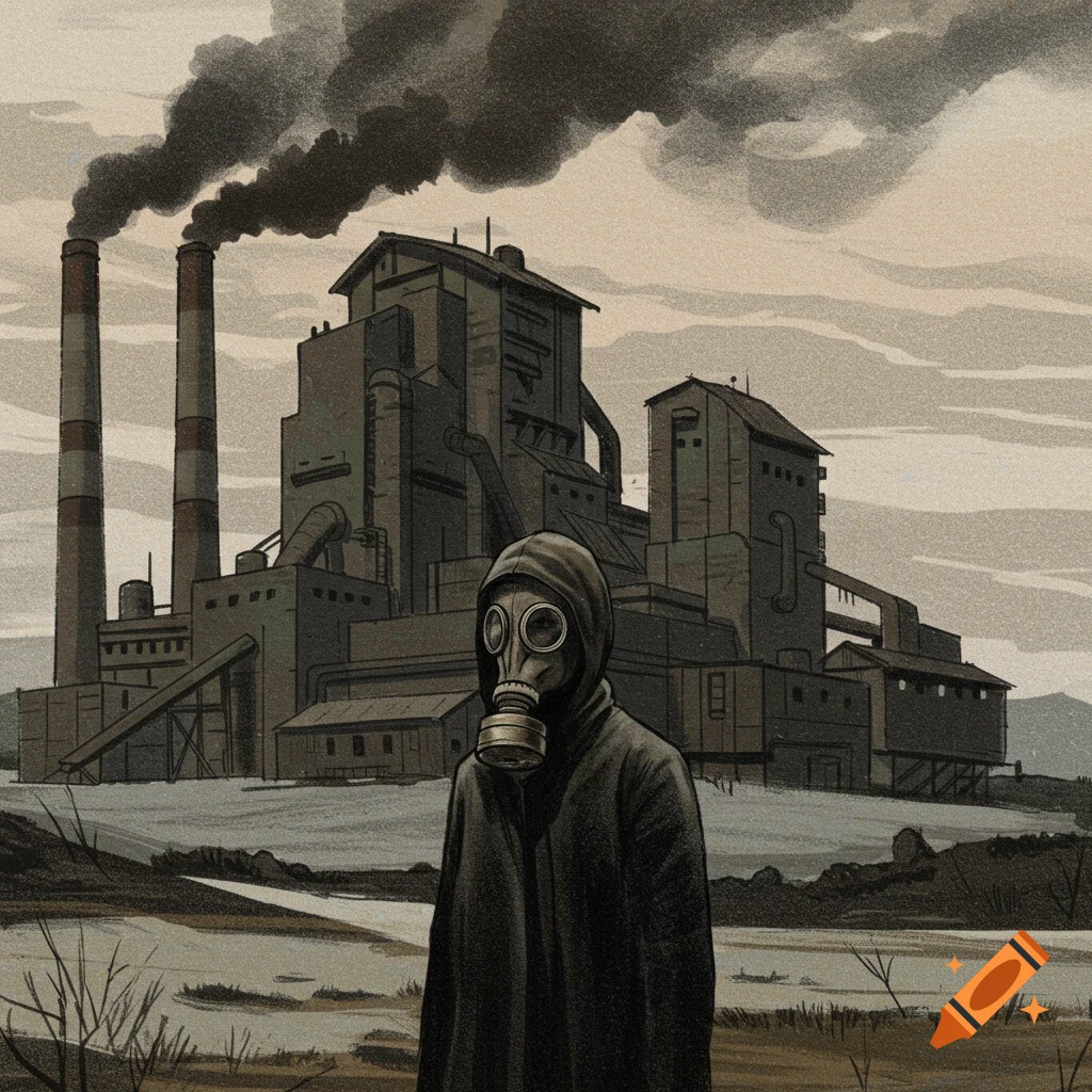 A person wearing a gas mask stands in front of a large industrial factory with smokestacks, in a gritty drawing style.