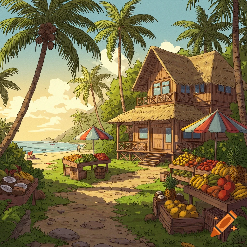 Illustrated tropical beach with a hut and fruit stands