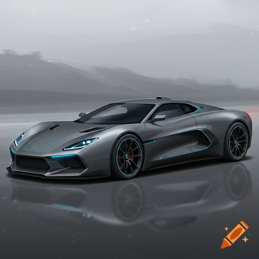 A futuristic grey supercar with blue accents against a mountain backdrop