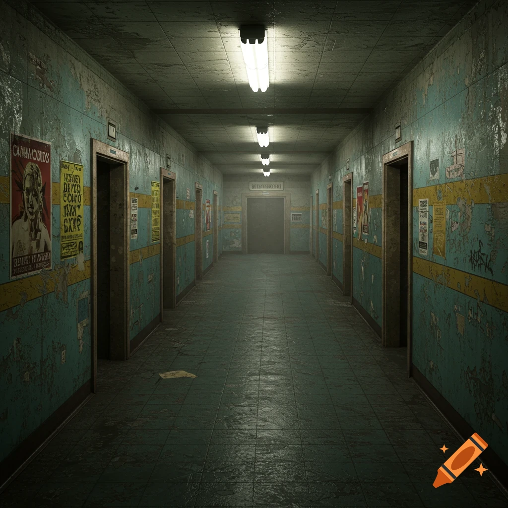 A long, eerie hallway with peeling paint, posters, and fluorescent lights.