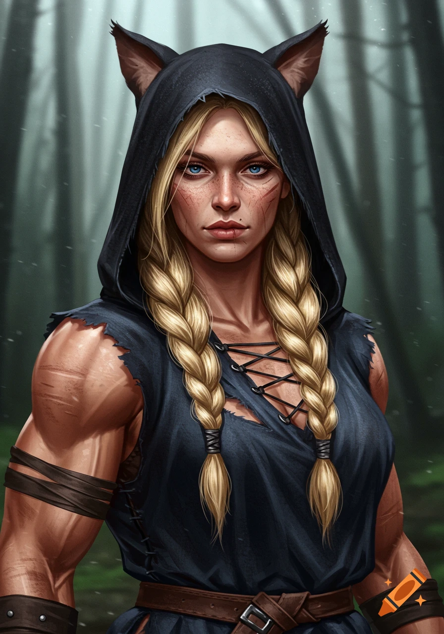 A muscular blonde woman with braided hair wears a black hood with cat ears and ripped tunic in a forest.