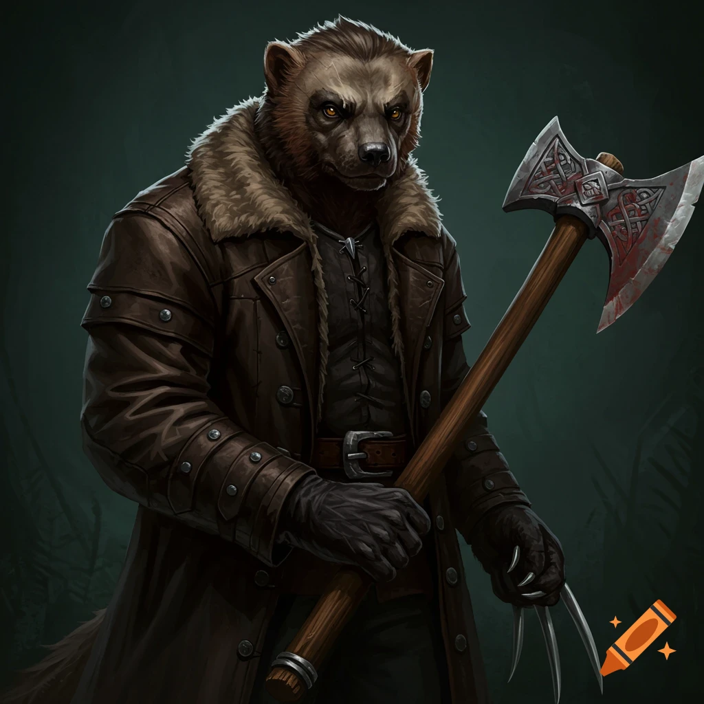 An anthropomorphic wolverine in a leather coat holds an axe.