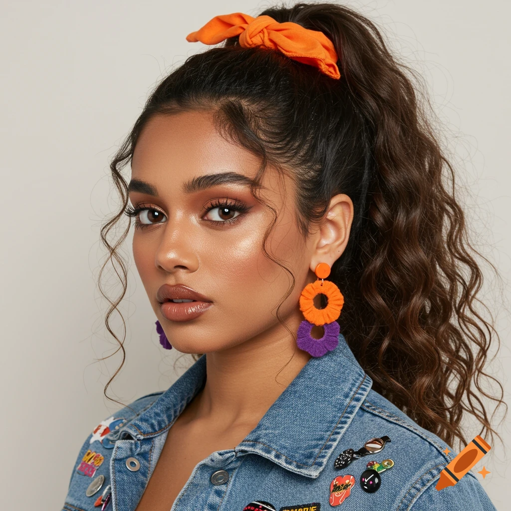 Close-up portrait of a woman with 80s style wavy hair, wearing orange and purple earrings and a denim jacket with pins.