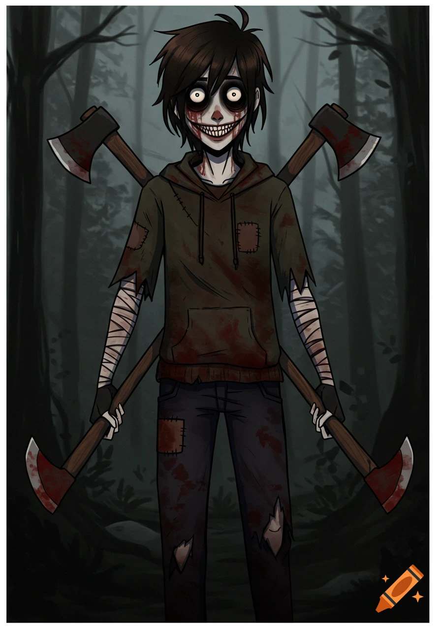 Stylized illustration of a creepy character with pale skin, wide eyes, and a wide grin, wearing a blood-stained hoodie, holding two axes in a dark forest.