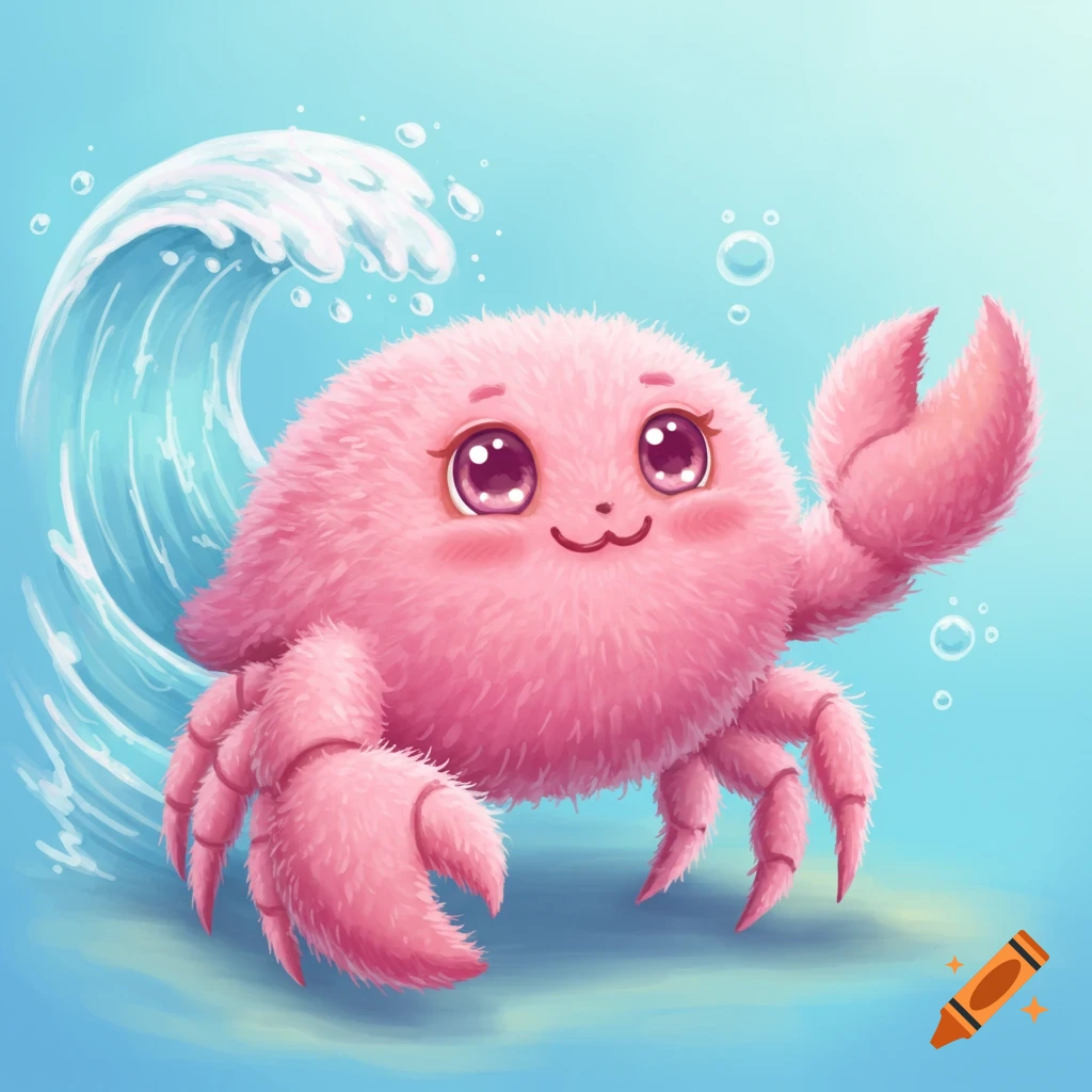 A cute pink fluffy cartoon crab waves a claw near a wave and bubbles in blue water.
