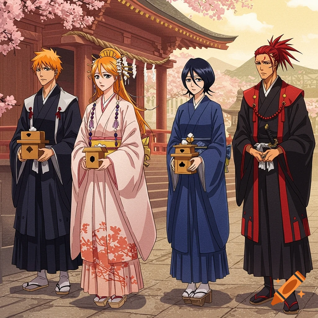 Four anime characters in traditional Japanese clothing near a shrine with cherry blossoms, holding boxes.