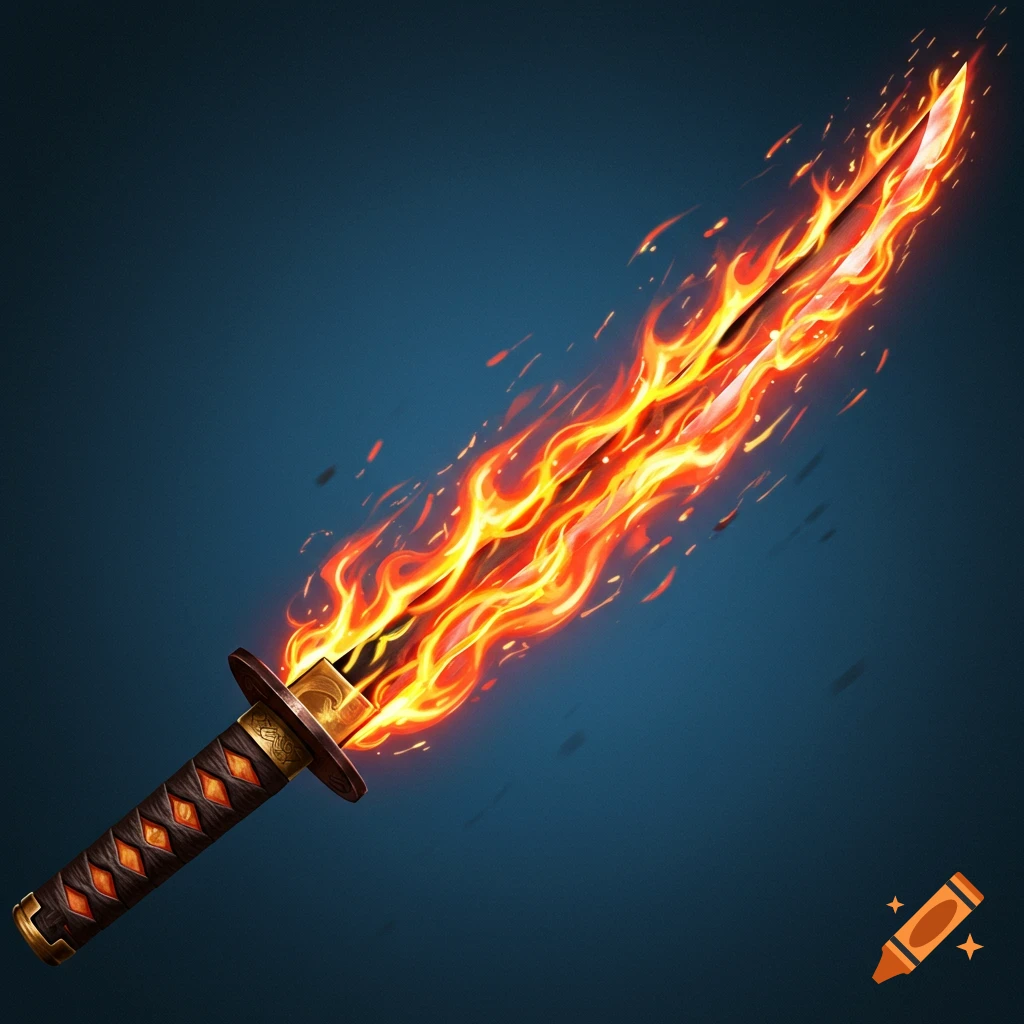 A flaming katana against a dark blue background.