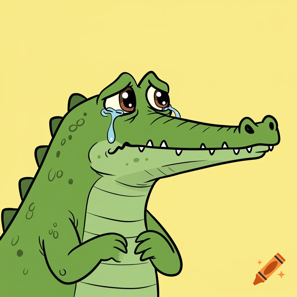 A whimsical cartoon crocodile with big eyes cries against a bright yellow background.