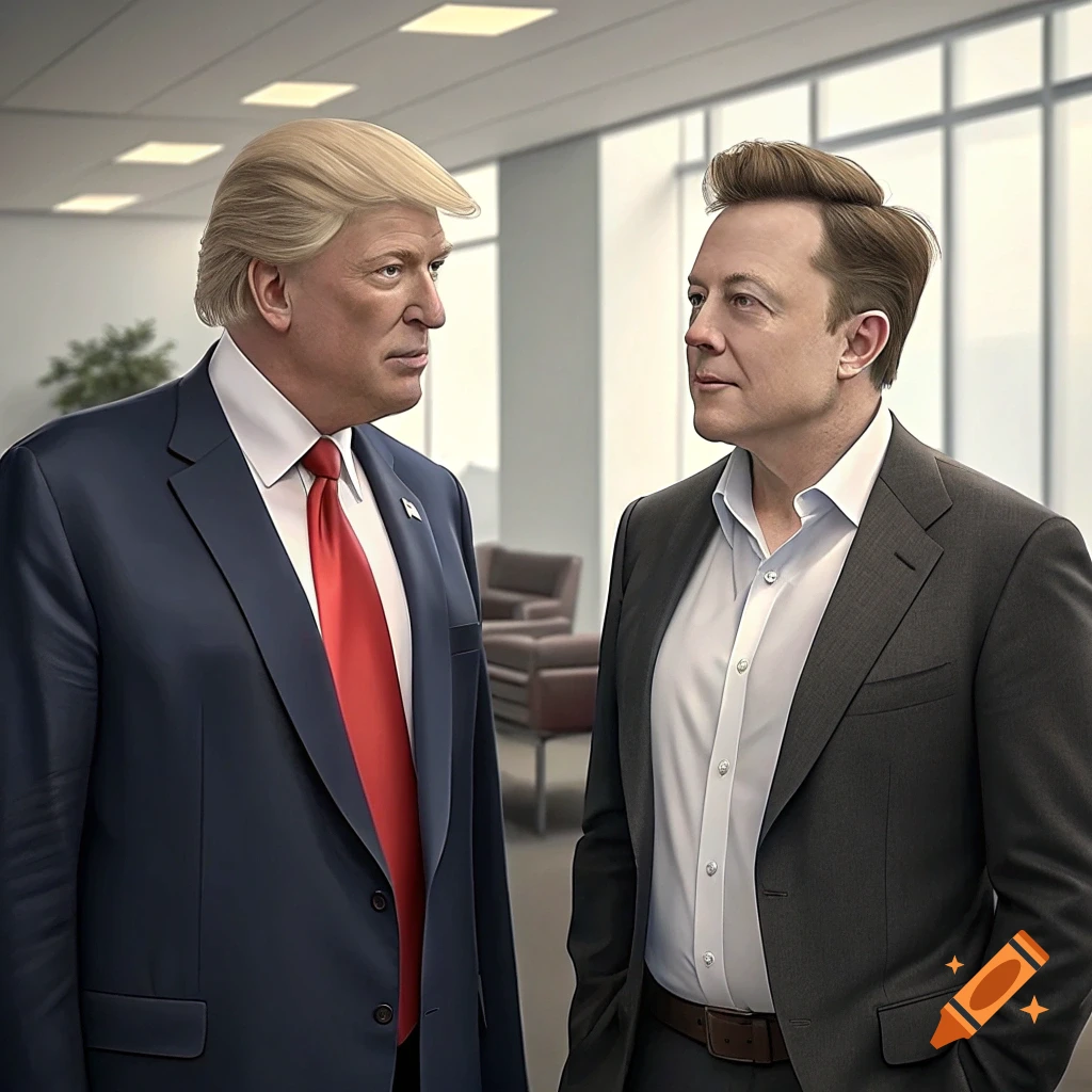 Donald Trump and Elon Musk stand in a room, looking at each other. They both wear suits.
