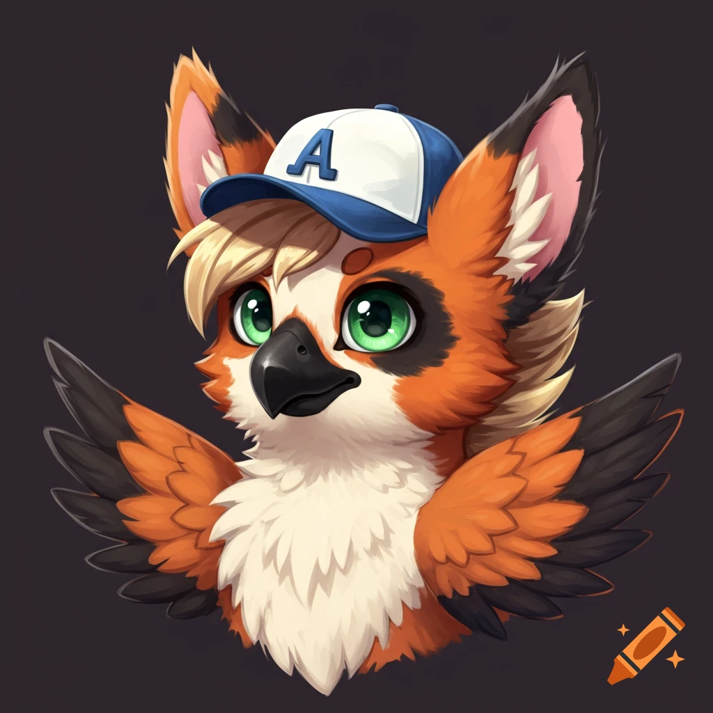 Illustrative furry gryphon wearing a baseball cap with an A, green eyes