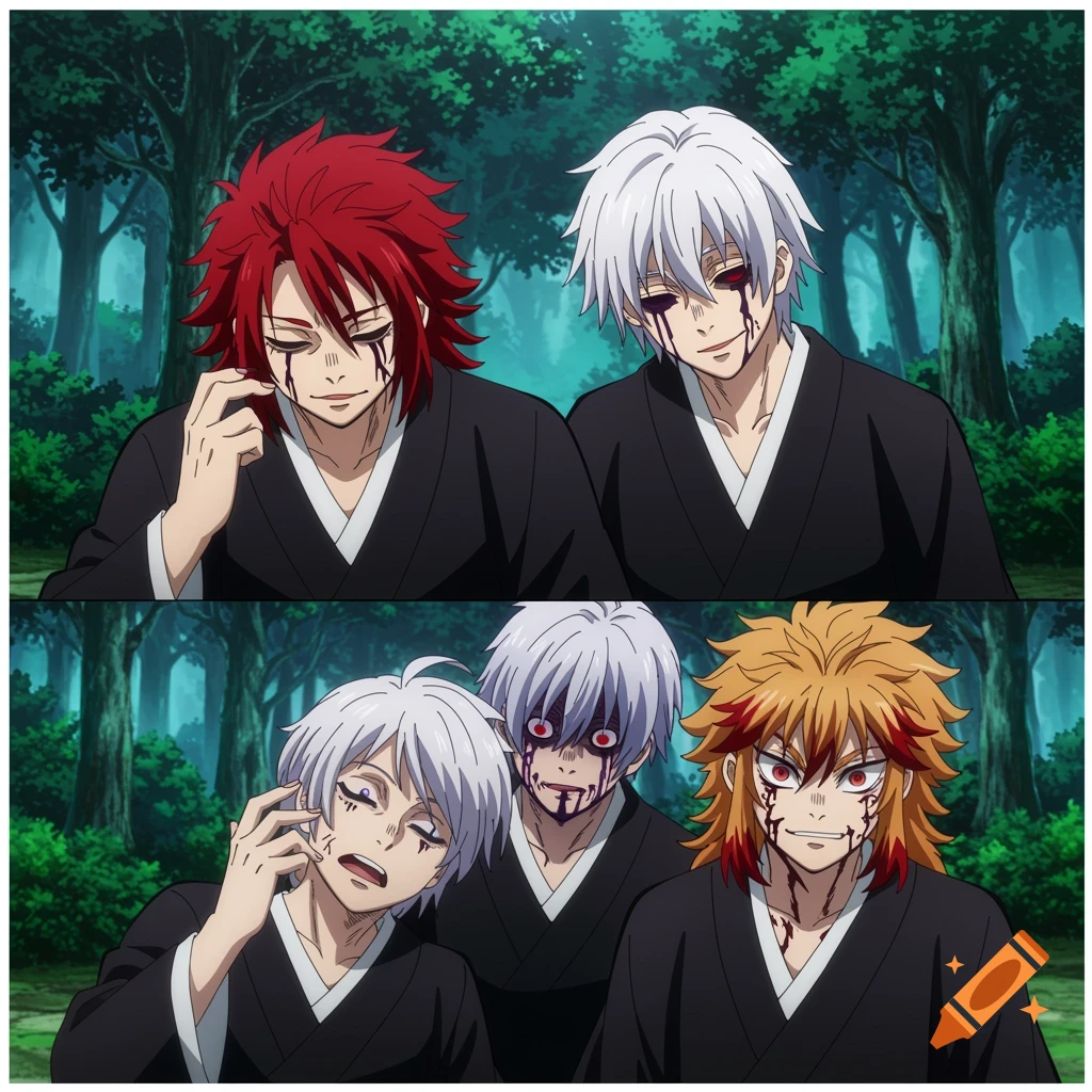 Four anime boys in black robes stand in a forest, three with blood dripping from their eyes and faces.