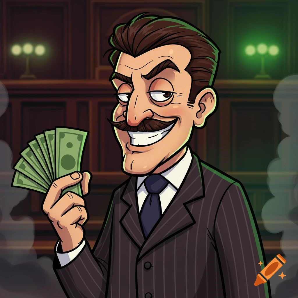 A cartoon man with a mustache in a suit holds a fan of money.