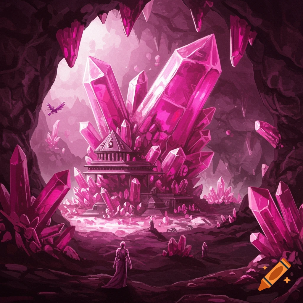 A cavern filled with glowing magenta crystals, a temple structure, and small figures.
