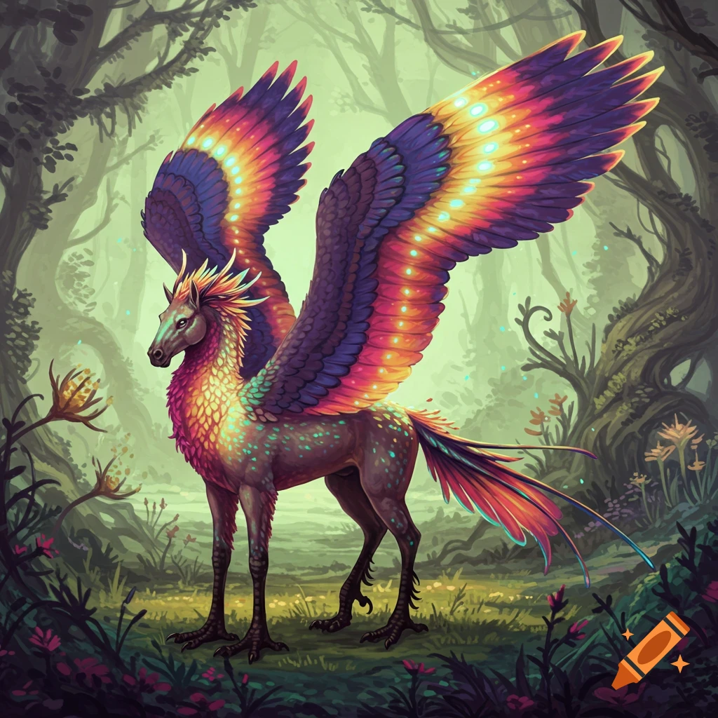 A colorful fantasy creature with large wings standing in a forest clearing.
